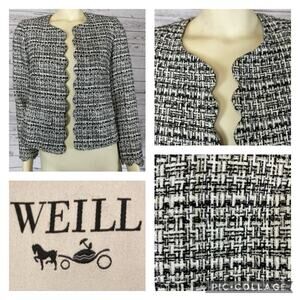 WEILL Tweed Black & White open front  Chanel style Blazer / Jacket size 6